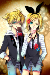 Rule 34 | 1boy, 1girl, aqua eyes, blonde hair, brother and sister, candy, earrings, face, flower, food, glasses, hair ornament, hair ribbon, hairclip, hand in pocket, jewelry, kagamine len, kagamine rin, lollipop, one eye closed, ponytail, ribbon, short hair, shorts, siblings, smile, swirl lollipop, twins, vocaloid, wink, yuh