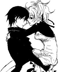 Rule 34 | 00s, couple, darker than black, eye contact, hei (darker than black), hug, imminent kiss, looking at another, lowres, monochrome, sketch, yin (darker than black)
