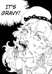 Rule 34 | 1girl, absurdres, ahegao, bow, bowtie, chainsaw man, cum, dark background, english text, facial, gravy, greyscale, hat, highres, hololive, hololive english, monochrome, parody, right-to-left comic, solo, speech bubble, takanashi kiara, tongue, tongue out, virtual youtuber, xyanaid