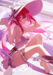 Rule 34 | 1girl, absurdres, anklet, bare arms, bare shoulders, barefoot, black ribbon, blue eyes, blurry, blurry background, breasts, cleavage, commentary, demon horns, doily, double halo, dress, earrings, feet, flower, flower ornament, hair between eyes, halo, hat, hat ribbon, heterochromia, highres, holding, holding clothes, holding hat, hololive, hololive english, horns, irys (hololive), jewelry, jiang ye kiri, long hair, looking at viewer, medium breasts, multicolored hair, nail polish, pink eyes, pointy ears, purple hair, red flower, red hair, ribbon, smile, solo, star halo, sun hat, swept bangs, symbol-only commentary, thick thighs, thigh strap, thighs, toenail polish, toenails, two-tone hair, very long hair, virtual youtuber, white dress, white hat