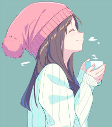 Rule 34 | 1girl, ^ ^, aqua background, beanie, brown hair, casual, closed eyes, closed mouth, cup, from side, hat, holding, holding cup, itachi kanade, long hair, long sleeves, nail polish, original, pink hat, pink nails, profile, simple background, sleeves past wrists, smile, solo, steam, sweater, two-handed, upper body, white sweater