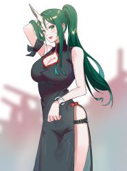 Rule 34 | 1girl, alternate costume, arknights, armband, black dress, blurry, blurry background, blush, bracelet, breasts, china dress, chinese clothes, cleavage, cleavage cutout, clothing cutout, commentary, dress, feet out of frame, green eyes, hair between eyes, hand in own hair, highres, horns, hoshiguma (arknights), jewelry, large breasts, long hair, looking at viewer, mare funo, nervous smile, open mouth, ponytail, side slit, sidelocks, single horn, skin-covered horns, sleeveless, sleeveless dress, smile, solo, standing, sweatdrop, thigh strap, thighs