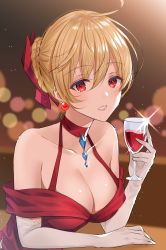 Rule 34 | 1girl, ahoge, alcohol, bare shoulders, beads, blonde hair, blurry, blush, bokeh, bow, braid, breasts, choker, cleavage, collarbone, cup, depth of field, dress, drinking glass, earrings, elbow gloves, formal, glint, gloves, granblue fantasy, hair between eyes, hair bow, highres, holding, holding cup, jewelry, light particles, lipstick, looking at viewer, makeup, myusha, off shoulder, pendant, red bow, red choker, red dress, red eyes, red lips, short hair, solo, updo, upper body, vira (granblue fantasy), white gloves, wine, wine glass
