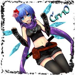 Rule 34 | 1girl, alternate costume, alternate hair color, belt, belt pouch, black thighhighs, blue eyes, blue hair, blush, breasts, character name, chestnut mouth, cirno, crop top, fingerless gloves, flower, frog, gloves, gradient hair, hair flower, hair ornament, hidebou (hideboooo), ice, ice wings, matching hair/eyes, midriff, multicolored hair, navel, ninja, aged up, open fly, pouch, purple hair, scarf, shorts, solo, thighhighs, touhou, unzipped, vambraces, wings, zettai ryouiki