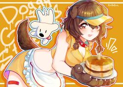 Rule 34 | 1girl, :p, animal collar, animal ears, animal hands, apron, bandaid on thigh, bent over, blush, bone-shaped pupils, braid, breasts, brown eyes, brown hair, bulkobon, cake, cleavage, collar, commentary, crop top, cropped shirt, dog ears, dog girl, dog tail, doggy god&#039;s street, fangs, food, gloves, hair between eyes, hat, holding, holding tray, hololive, hoso-inu, inugami korone, large breasts, long hair, looking at viewer, low twin braids, low twintails, paw gloves, red collar, shirt, skirt, sleeveless, sleeveless shirt, solo, symbol-shaped pupils, tail, tongue, tongue out, tray, twin braids, twintails, virtual youtuber, visor cap, waist apron, white apron, yellow hat, yellow skirt, yubi yubi (inugami korone)