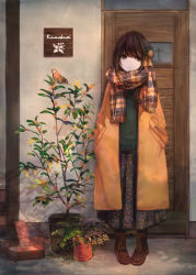 Rule 34 | 1girl, absurdres, against door, ankle boots, boots, brown eyes, brown hair, bug, butterfly, commentary request, cross-laced footwear, flower, full body, hair flower, hair ornament, hair ribbon, hands in pockets, hashimoto kokai, highres, huge filesize, bug, lace-up boots, long coat, long skirt, original, pigeon-toed, plaid, plaid scarf, ribbon, scarf, skirt, smile, solo, winter clothes