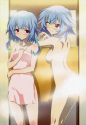 Rule 34 | 10s, 2girls, ;), absurdres, blue hair, blush, breasts, censored, convenient censoring, covering privates, highres, hirayama madoka, infinite stratos, multiple girls, naked towel, nude, nude cover, nyantype, official art, one eye closed, purple eyes, red eyes, sarashiki kanzashi, sarashiki tatenashi, scan, siblings, sideboob, sisters, smile, standing, steam, steam censor, towel, wet, wink