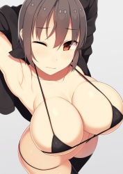 Rule 34 | 1girl, armpits, bikini, black bikini, black thighhighs, breasts, brown eyes, brown hair, cleavage, closed mouth, commentary request, cowboy shot, from above, grey background, large breasts, micro bikini, one eye closed, original, removing jacket, samegami, short hair, solo, swimsuit, thighhighs, toromi (samegami)
