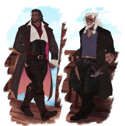 Rule 34 | 2boys, absurdres, arm behind back, beard, black hair, black nails, boots, chest hair, clenched hands, collar, dark-skinned male, dark skin, ear piercing, earrings, eyepatch, facial hair, fingerless gloves, ghangaji, gloves, highres, jacket, jewelry, knife, leather, leather belt, leather boots, long hair, looking at viewer, lying, male focus, manly, mature male, multiple boys, nail polish, navel, navel hair, on back, open clothes, open jacket, original, pants, piercing, pointy ears, shirt, simple background, smirk, stud earrings, teeth, walking, weapon, white hair