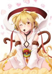 Rule 34 | 10s, 1girl, aki (akikaze asparagus), andira (granblue fantasy), animal ears, bare shoulders, barefoot, beads, blonde hair, chocolate, choker, cleavage cutout, clothing cutout, collarbone, detached pants, detached sleeves, diamond (shape), erune, food in mouth, fur trim, granblue fantasy, hair between eyes, hairband, leotard, looking at viewer, monkey ears, monkey tail, one eye closed, sash, shawl, short hair, sitting, solo, tail, two side up, wariza, white leotard, yellow eyes