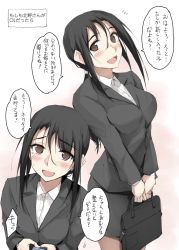 Rule 34 | :d, alternate costume, bag, black hair, black jacket, black skirt, blush, breasts, brown eyes, collared shirt, commentary request, highres, holding, holding bag, jacket, kitano (zekkyon), large breasts, looking at viewer, multiple views, office lady, open mouth, original, pantyhose, ponytail, shirt, simple background, skirt, smile, translation request, white background, white shirt, zekkyon