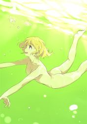 Rule 34 | 1girl, air bubble, ass, bad id, bad pixiv id, blonde hair, breath, brown eyes, bubble, dutch angle, freediving, hayyan, nude, nudist, original, short hair, skinny dipping, solo, swimming, underwater, zenra
