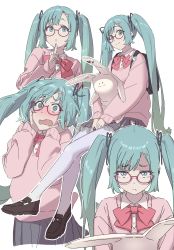 Rule 34 | 1girl, @ @, absurdres, aqua eyes, aqua hair, aqua nails, bag, black bag, black ribbon, blush, bow, brown footwear, closed mouth, earrings, embarrassed, fingernails, flying sweatdrops, glasses, grey skirt, hair ribbon, hands on own face, hatsune miku, heart, highres, holding, holding stuffed toy, invisible chair, jewelry, long hair, looking at viewer, mosh mallow, multiple views, nail polish, neckerchief, outline, parted lips, pink bow, pink neckerchief, purple-framed eyewear, ribbon, ring, round eyewear, sitting, skirt, smile, stuffed toy, sweat, sweatdrop, tearing up, teeth, thinking, twintails, very long hair, vocaloid, white legwear, white outline