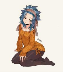 Rule 34 | 1girl, arm support, black pantyhose, blue hair, breasts, brown eyes, cleavage, collarbone, fairy tail, grey background, head tilt, headband, jewelry, kneeling, levy mcgarden, long hair, orange sweater, pantyhose, ring, rusky, simple background, small breasts, smile, solo, sweater, wedding ring