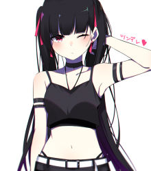 Rule 34 | 1girl, arm up, armband, armpits, bare shoulders, belt, black hair, black shirt, black shorts, breasts, camisole, choker, closed mouth, collarbone, crop top, gradient hair, hair ribbon, highleg, ichiki 1, long hair, looking at viewer, midriff, mole, mole on breast, multicolored hair, navel, one eye closed, original, purple hair, red eyes, ribbon, shirt, shorts, simple background, sleeveless, sleeveless shirt, small breasts, solo, spaghetti strap, stomach, translated, twintails, very long hair, white background