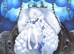 Rule 34 | 1girl, after suko, azur lane, bare legs, blue eyes, blue flower, blunt bangs, bob cut, cape, colored skin, commentary request, convenient leg, dress, flower, full body, highres, holding, holding stuffed toy, jellyfish, knees up, looking at viewer, observer zero (azur lane), partial commentary, pillow, rigging, short hair, siren (azur lane), sitting, solo, stuffed toy, white cape, white dress, white hair, white skin