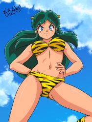 Rule 34 | 1980s (style), 1girl, animal print, arm behind back, bad id, bad pixiv id, bikini, blue eyes, boots, breasts, cloud, cloudy sky, cone horns, cowboy shot, eyeshadow, from below, gluteal fold, green hair, groin, hand on own hip, highres, horns, large breasts, long hair, looking at viewer, looking down, lum, makeup, moechiki, navel, oldschool, oni, retro artstyle, sidelocks, sky, smile, solo, strapless, strapless bikini, swimsuit, tiger print, tiger stripes, urusei yatsura