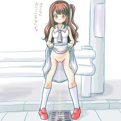 Rule 34 | 1girl, brown hair, cleft of venus, clothes lift, dress, dress lift, grate, highres, idolmaster, lifting own clothes, narurun (final123), no panties, outdoors, peeing, public indecency, pussy, road, shimamura uzuki, solo, standing, uncensored