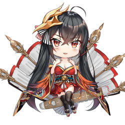 Rule 34 | 1girl, ahoge, azur lane, bad id, bad pixiv id, bare shoulders, black hair, black thighhighs, blush, bow, breasts, chibi, cleavage, commentary request, flight deck, folding fan, full body, hair between eyes, hair bow, hand fan, hands up, japanese clothes, kimono, korean commentary, large breasts, lisu, long hair, mask, mask on head, obi, off shoulder, parted lips, pleated skirt, red eyes, red kimono, red skirt, round teeth, sash, short kimono, short sleeves, simple background, skirt, smile, solo, striped, striped bow, taihou (azur lane), teeth, thighhighs, upper teeth only, very long hair, white background, wide sleeves