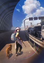 Rule 34 | 1girl, absurdres, apron, backpack, bag, bird, black pants, blue sky, brown footwear, brown hair, car, cloud, cloudy sky, commentary request, dog, grass, guard rail, gun, highres, highway, holding, holding gun, holding weapon, looking at viewer, looking back, motor vehicle, original, pants, plaid, plaid apron, rifle, road, shadow, shirt, shoes, short hair, sky, weapon, yappo (point71), yellow shirt