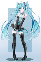 Rule 34 | 1girl, ahoge, aqua eyes, arm tattoo, black footwear, black skirt, black sleeves, blue hair, blue nails, blue necktie, blue trim, boots, breasts, collared shirt, commentary, contrapposto, detached sleeves, floating hair, full body, hair between eyes, hatsune miku, headphones, headset, highres, long hair, long sleeves, looking at viewer, microphone, miniskirt, nail polish, necktie, number tattoo, pleated skirt, procrastinator, procrastinator39, shirt, skirt, sleeveless, sleeveless shirt, small breasts, solo, standing, tattoo, thigh boots, thighhighs, very long hair, vocaloid, white shirt, wing collar, zettai ryouiki