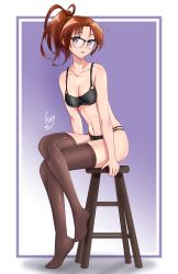 Rule 34 | 1girl, :o, absurdres, artist name, bare shoulders, bespectacled, black bra, black panties, black thighhighs, bra, breasts, brown hair, cleavage, collarbone, glasses, gradient background, hibike! euphonium, highres, kaije7, lingerie, long hair, looking at viewer, nakagawa natsuki, navel, panties, parted lips, ponytail, purple background, purple eyes, signature, sitting, small breasts, solo, stool, thighhighs, thighs, underwear, underwear only