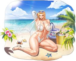 Rule 34 | 1girl, abs, absurdres, arm behind head, armpit crease, armpits, bag, bare shoulders, beach, bikini, blonde hair, blue bag, blue gemstone, breasts, cellphone, cleavage, cloud, cloudy sky, collarbone, crab, earrings, eyeliner, eyewear on head, flower, gem, glass bottle, groin tendon, hair intakes, hand on ground, heart, heart-shaped eyewear, heart o-ring, heart ring bottom, hibiscus, high heels, highres, hoop earrings, huge breasts, ice, ice bucket, ice cube, jewelry, last origin, linea alba, lips, long hair, looking at viewer, lotion, metal bikini, muscular, muscular female, navel, necklace, o-ring, o-ring bikini, ocean, official alternate costume, official art, open clothes, open mouth, open shirt, outdoors, palm tree, phone, pink flower, queen of mane, red eyeliner, seashell, see-through, see-through shirt, shell, shirt, silver footwear, sitting, skindentation, sky, slit pupils, small head, smartphone, smile, soda bottle, starfish, strappy heels, sun, sunglasses, sunscreen, swimsuit, tachi-e, taesi, teeth, third-party source, toeless footwear, transparent background, tree, white bikini, white shirt, yellow eyes, yokozuwari