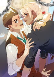 Rule 34 | 2boys, ace attorney, after kiss, antenna hair, apollo justice, apollo justice: ace attorney, arm on another&#039;s shoulder, black shirt, blonde hair, blue eyes, blush, bracelet, brown eyes, brown hair, caught, chain, collared shirt, earrings, green necktie, hand on another&#039;s arm, highres, jewelry, klavier gavin, lipstick, lipstick mark, lipstick mark on face, lipstick mark on neck, looking at viewer, makeup, male focus, multiple boys, nam eh co, necktie, pants, red pants, red vest, shirt, sitting, sleeves rolled up, smeared lipstick, vest, white shirt, yaoi