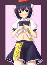 Rule 34 | 1girl, 3:, black hair, blush, bow, bowtie, clothes lift, collared shirt, hat, miniskirt, navel, pom pom (clothes), puffy short sleeves, puffy sleeves, red eyes, shameimaru aya, shirt, shirt lift, short sleeves, skirt, solo, teoi (good chaos), tokin hat, touhou