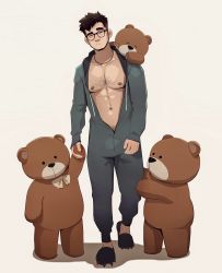 Rule 34 | 1boy, bara, bare pectorals, bear, beard, black hair, chest hair, closed mouth, facial hair, glasses, grey pajamas, highres, holding, holding stuffed toy, hood, hood down, hooded pajamas, jewelry, large pectorals, looking at viewer, male focus, muscular, muscular male, navel, necklace, nerdyart1, nipples, open pajamas, original, pajamas, pectorals, short hair, sideburns, slippers, stuffed animal, stuffed toy, teddy bear, thick eyebrows
