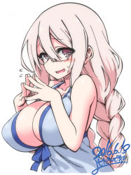 Rule 34 | 10s, 1girl, anne happy, bare shoulders, blush, braid, breasts, cleavage, commentary request, glasses, hair between eyes, huge breasts, kumegawa botan, long hair, looking at viewer, open mouth, own hands together, pink eyes, pink hair, simple background, smile, solo, steepled fingers, sweat, twin braids, very long hair, yoshida hideyuki
