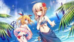 Rule 34 | 2girls, :d, absurdres, ahoge, argyle, argyle bikini, argyle clothes, ass, azur lane, bandeau, bare shoulders, bikini, blonde hair, blue bikini, blue bow, blue eyes, blue sky, blurry, blush, bow, closed mouth, cloud, cloudy sky, day, depth of field, flower, front-tie bikini top, front-tie top, gridley (azur lane), hair bow, hair ornament, hairclip, hibiscus, highres, holding, holding swim ring, innertube, jewelry, leaning forward, looking at viewer, looking back, low ponytail, maury (azur lane), multiple girls, necklace, ocean, open mouth, outdoors, outstretched hand, palm leaf, red bikini, red bow, ringlets, sarong, shenbei xiaoqiu, sky, smile, swim ring, swimsuit, thighs, twintails, whistle, yellow eyes