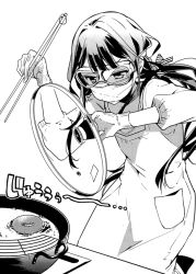 Rule 34 | 10s, 1girl, adagaki aki, apron, artist request, chopsticks, cooking, copyright request, food, goggles, greyscale, lid, masamune-kun no revenge, monochrome, pot, serious, simple background, solo, source request, standing, sweatdrop, tiv, transparent, white background