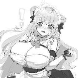 Rule 34 | !, 1girl, antenna hair, apron, arm cuffs, arms up, artist name, ascot, blush, braid, breast strap, breasts, button gap, chest strap, d:, frills, goddess of victory: nikke, greyscale, hair ribbon, highres, large breasts, long hair, maid, maid apron, maid headdress, monochrome, open mouth, pulling, ribbon, simple background, sketch, sleeveless, soda (nikke), solo, tearing up, teeth, twin braids, two-tone gloves, uchujin 416, undressing another, upper teeth only, white background, worried