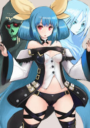Rule 34 | 2girls, arc system works, asymmetrical wings, bare shoulders, black legwear, black panties, blue hair, breasts, brown background, cameltoe, cleavage, cleavage cutout, clothing cutout, detached sleeves, dizzy (guilty gear), guilty gear, guilty gear xrd, hair ribbon, highres, johan (johan13), long hair, looking at viewer, multiple girls, navel, necro (guilty gear), open mouth, panties, red eyes, ribbon, tail, thighhighs, twintails, underwear, undine (guilty gear), wide hips, wings, yellow ribbon