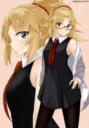 Rule 34 | 1girl, bare shoulders, black dress, black pantyhose, blonde hair, blush, breasts, brown background, closed mouth, collared dress, commentary request, cosplay, dress, fate/apocrypha, fate/grand order, fate (series), green eyes, hair ornament, hair scrunchie, hands on own hips, high ponytail, jacket, long hair, long sleeves, mash kyrielight, mash kyrielight (cosplay), mordred (fate), mordred (fate/apocrypha), multiple views, necktie, off shoulder, open clothes, open jacket, pantyhose, parted bangs, ponytail, profile, red neckwear, red scrunchie, scrunchie, sleeveless, sleeveless dress, sleeves past wrists, small breasts, smile, tasora, twitter username, white jacket