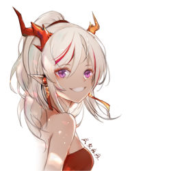 Rule 34 | 1girl, arknights, artist name, bandeau, bare shoulders, breasts, earrings, from side, hair between eyes, half updo, horns, jewelry, long hair, medium breasts, multicolored hair, nian (arknights), pointy ears, purple eyes, red hair, signature, silver hair, simple background, solo, strapless, streaked hair, translated, tube top, upper body, white background, xianyutantan