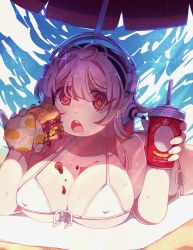 Rule 34 | 1girl, bad id, bad pixiv id, bikini, blush, breasts, cleavage, cup, disposable cup, drinking straw, eating, food, burger, headphones, highres, holding, large breasts, long hair, looking at viewer, nitroplus, open mouth, parasol, pink hair, red eyes, ringed eyes, solo, starry shizen, super sonico, swimsuit, umbrella
