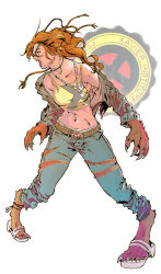 Rule 34 | 1girl, belt, chain, chain necklace, claws, cross, fur, jewelry, marvel, necklace, new mutants, okazuwa shake, rahne sinclair, red hair, sandals, solo, tank top, torn clothes, transformation, werewolf, wolfsbane, x-men