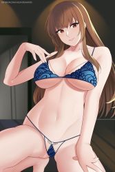Rule 34 | 1girl, aslindsamure, barefoot, bikini, breasts, brown hair, cleavage, dead or alive, feet, female focus, g-string, hand on thigh, highres, kasumi (doa), kunoichi, large breasts, lingerie, long hair, looking at viewer, micro bikini, red eyes, smile, solo, squatting, swimsuit, tecmo, thong, under boob, underwear