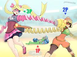 Rule 34 | 2girls, arms (game), beanie, bike shorts, blonde hair, blorb (arms), blue eyes, boxing gloves, chinese clothes, dna man (arms), domino mask, facepaint, fighting, food, glass, goggles, gonzarez, green eyes, hat, leggings, leggings under shorts, mask, min min (arms), monster boy, multicolored hair, multiple girls, noodles, pantyhose, ponytail, ramram (arms), ribbon girl (arms), short hair, shorts, shorts under skirt, skirt, slime boy, smile, sparky (arms), two-tone hair
