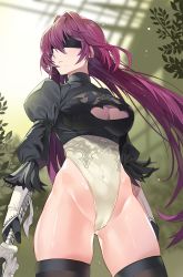 Rule 34 | 1girl, black blindfold, black gloves, black thighhighs, blindfold, breasts, cameltoe, cleavage, cleavage cutout, clothing cutout, commentary request, cosplay, damda, fate/grand order, fate (series), feather-trimmed sleeves, frown, gloves, hairband, holding, holding sword, holding weapon, juliet sleeves, large breasts, leotard, long hair, long sleeves, mole, mole under mouth, navel, nier:automata, nier (series), puffy sleeves, purple hair, scathach (fate), skindentation, solo, sword, thighhighs, very long hair, weapon, white leotard, 2b (nier:automata), 2b (nier:automata) (cosplay)