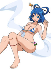 Rule 34 | 1girl, 86-shiki, :d, bare shoulders, barefoot, bikini, blue eyes, blue hair, breasts, cleavage, collarbone, foot out of frame, hagoromo, hair ornament, hair rings, hair stick, hand up, highres, kaku seiga, light blush, looking at viewer, medium breasts, open mouth, shawl, short hair, simple background, smile, solo, swimsuit, toes, touhou, white background