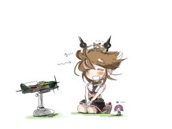 Rule 34 | 2girls, aircraft, aircraft request, airplane, animal, animal on head, breasts, brown hair, commentary request, dog, closed eyes, fairy (kancolle), gloves, hairband, headgear, kantai collection, large breasts, midriff, miniskirt, multiple girls, mutsu (kancolle), on head, piitan2 mokotan, radio antenna, seiza, short hair, simple background, sitting, skirt, translation request, white background, white gloves