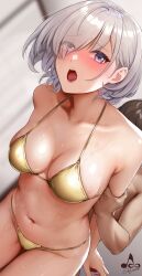 Rule 34 | 1boy, 1girl, :o, arms behind back, bikini, blue eyes, blush, breasts, cleavage, commentary request, grabbing another&#039;s arm, grey hair, hetero, highres, implied sex, infinote, large breasts, navel, open mouth, original, sashou mihiro (infinote), short hair, solo focus, stomach, sweat, swimsuit, yellow bikini