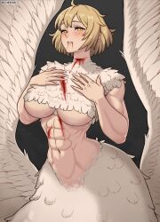 Rule 34 | 1girl, abs, blood, blood on chest, body fur, centauroid, cheekie, chimera, dungeon meshi, falin touden, falin touden (chimera), feathered wings, feathers, hair around ear, highres, monster girl, spoilers, taur, white feathers, wings