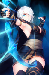 Rule 34 | 1girl, armpits, ashe (league of legends), black panties, blue eyes, blue lips, blue nails, bow (weapon), breasts, cleavage, female focus, fingerless gloves, gloves, gradient background, highres, hood, large breasts, league of legends, lips, lipstick, makeup, nail polish, panties, pantyshot, ricegnat, short hair, sideboob, solo, standing, thigh gap, thighhighs, underwear, weapon, white hair, zettai ryouiki