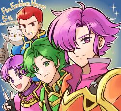 Rule 34 | 4boys, :d, betabetamaru, commentary request, feh (fire emblem heroes), fingerless gloves, fire emblem, fire emblem: mystery of the emblem, fire emblem: shadow dragon and the blade of light, fire emblem heroes, glint, gloves, green eyes, green hair, grin, hair over one eye, highres, looking at viewer, multiple boys, nintendo, open mouth, purple eyes, purple hair, red eyes, red hair, roshea (fire emblem), sedgar (fire emblem), smile, thumbs up, tooth glint, v, vyland (fire emblem), wolf (fire emblem)