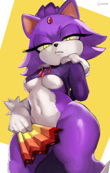 Rule 34 | 1girl, absurdres, angry, animal ears, arm behind back, blaze the cat, breasts, cat ears, covering privates, cowboy shot, cranihum, crop top, from below, furry, furry female, gloves, hand fan, highres, looking at viewer, looking down, medium breasts, navel, solo, sonic (series), standing, underboob, white background, white gloves, wide hips, yellow background, yellow eyes