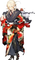 Rule 34 | 1girl, akira (kadokawa), black legwear, blonde hair, blue eyes, boots, cross-laced footwear, floral print, flower, full body, gloves, japanese clothes, kantai collection, kimono, lace-up boots, looking at viewer, machinery, mole, mole under eye, official art, richelieu (kancolle), solo, torn clothes, torn kimono, torn legwear, transparent background